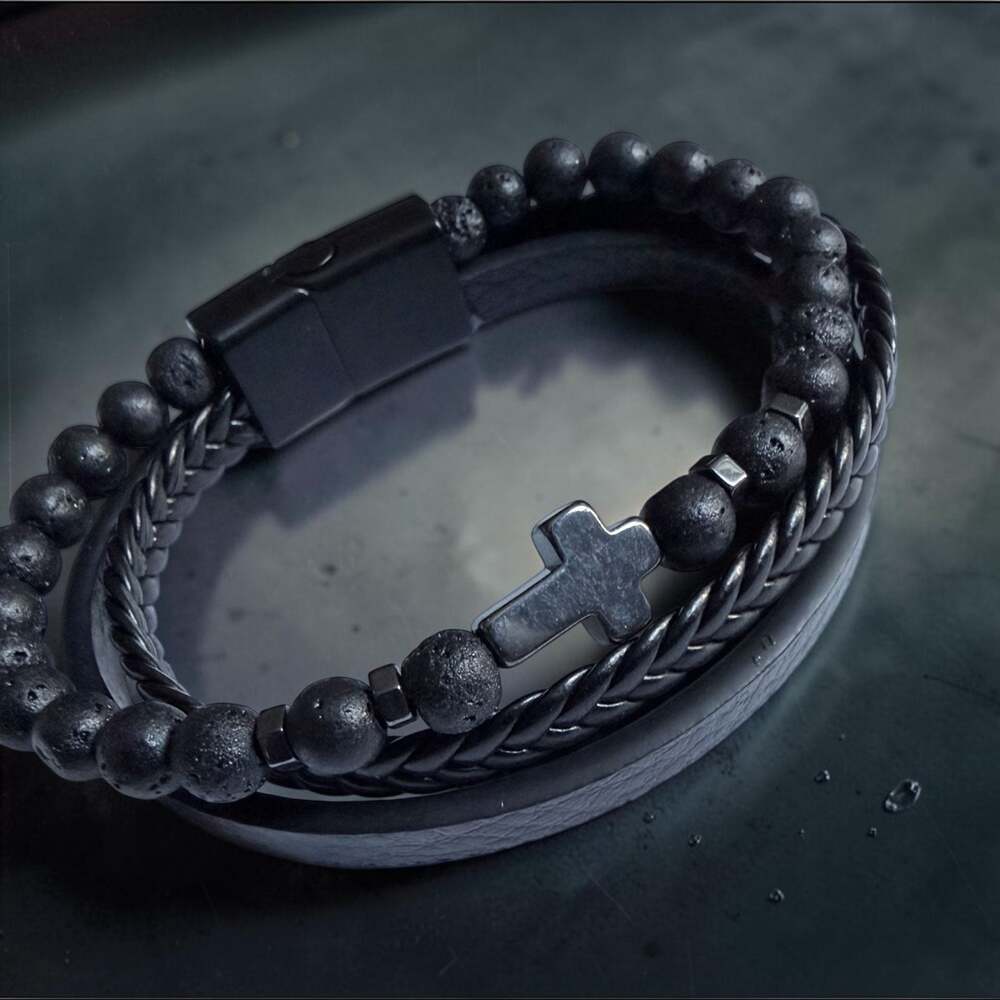 Black Lava Stone Bead Leather Cross Bracelet Magnetic Clasp 8”